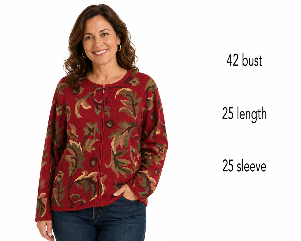 Talbots Red Leaf Design Cotton & Ramie Blend Zip Up Cardigan Sweater sz Large